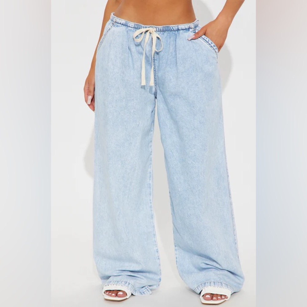 Light Wash Blue Drawstring Denim Wide Leg Pants